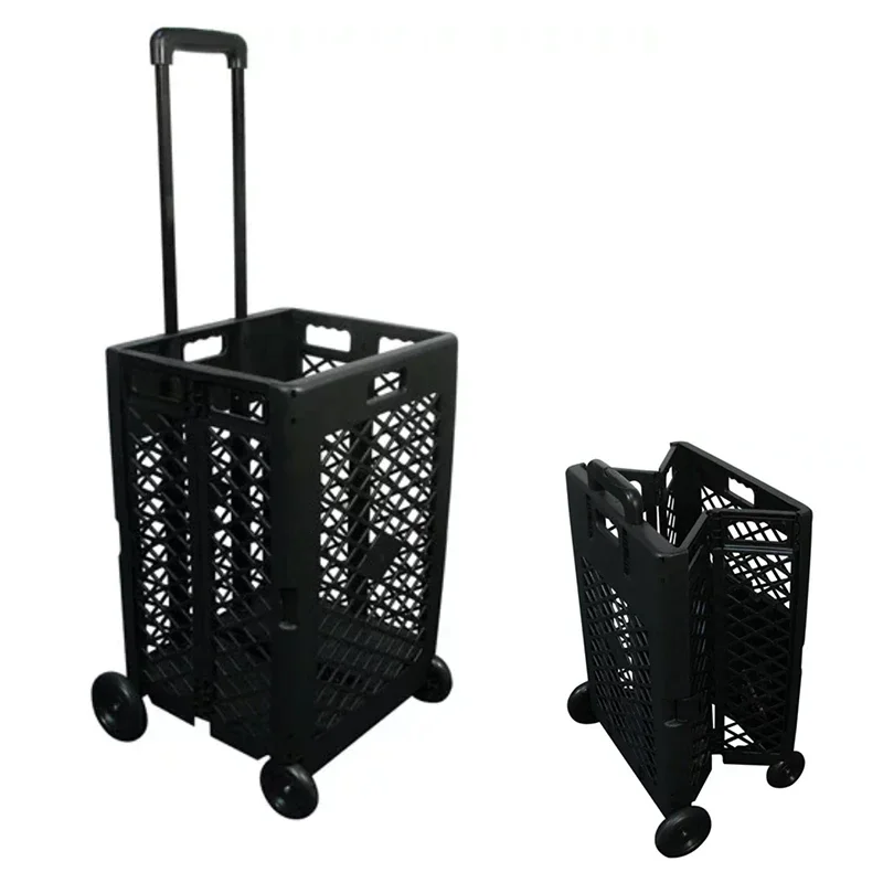 

Grid trolley large-capacity plastic folding shopping cart four-wheel plastic folding luggage cart shopping trolley