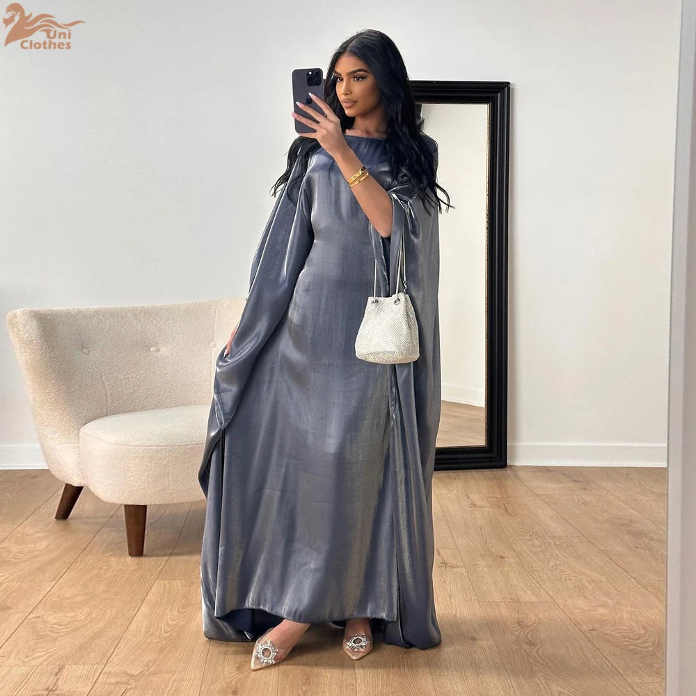 Zahraa Muslim 2026 New Eid Dresses Solid Shiny Satin Batwing Sleeve Modest Kebaya Turkish African Women Abayas Saudi Clothing 4