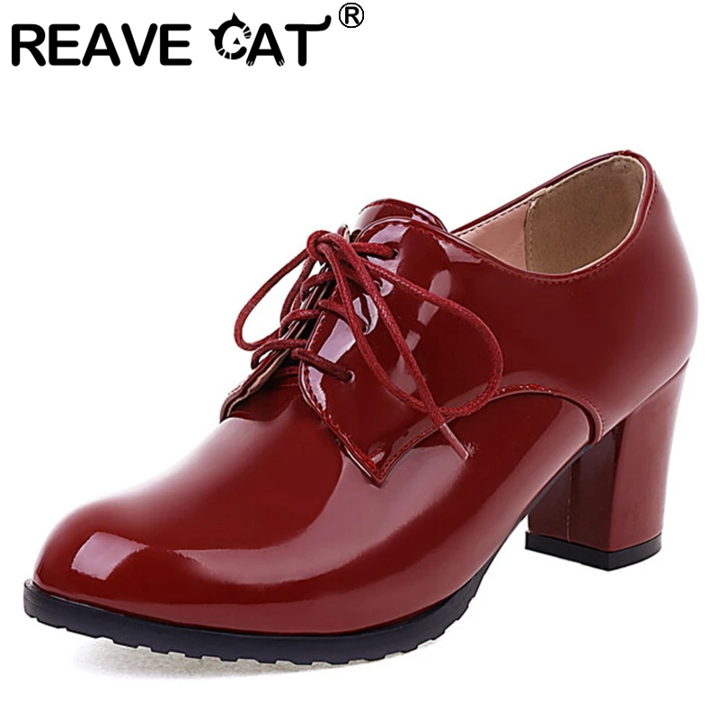 

REAVE CAT New Ladies Pumps Round Toe High Heels Lace-Up Casual Retro Plus Size 34-43 Solid Red Green Office Career Spring S3537