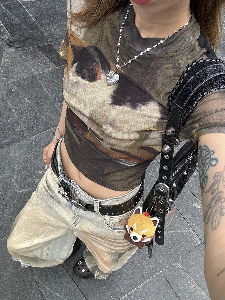 American Retro Hot Girl ort Sve T-irt Women's Summer New Sle ort Design  Print Street Sle Loose Fit Cotton Top