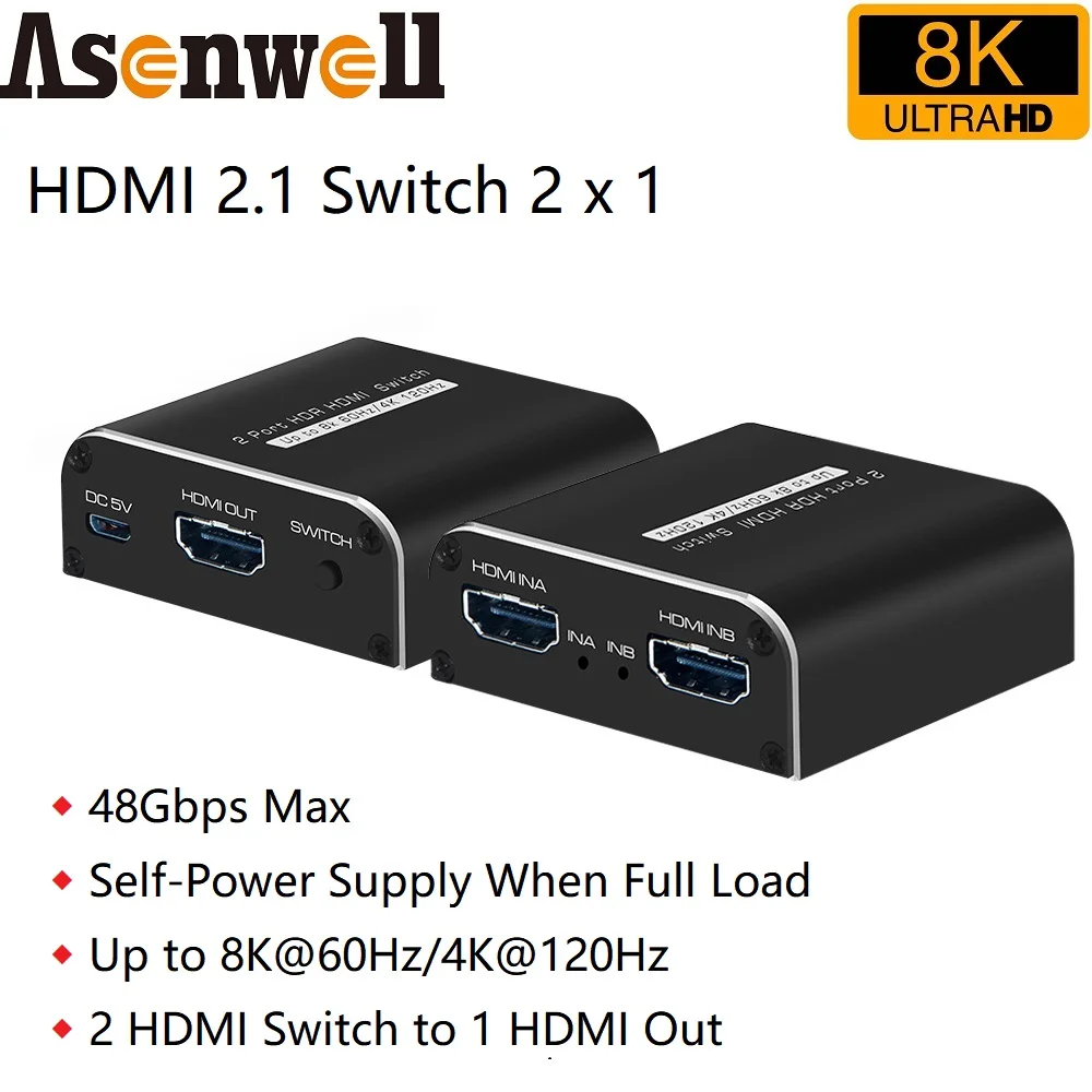 

8K 60Hz HDMI Switch 2x1 4K@120Hz HDMI-compatible 8K Switcher 2 In 1 Out Selector Adapter VRR HLG HDR10+ for PS5 TV Box XBOX X