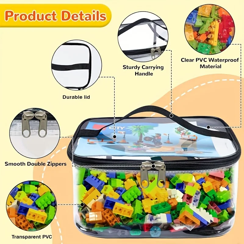 Portable Clear Zipper Pouch for Lego Accessories Board Game Storage Tag Manual Pocket & Handle Black(No Building Blocks)