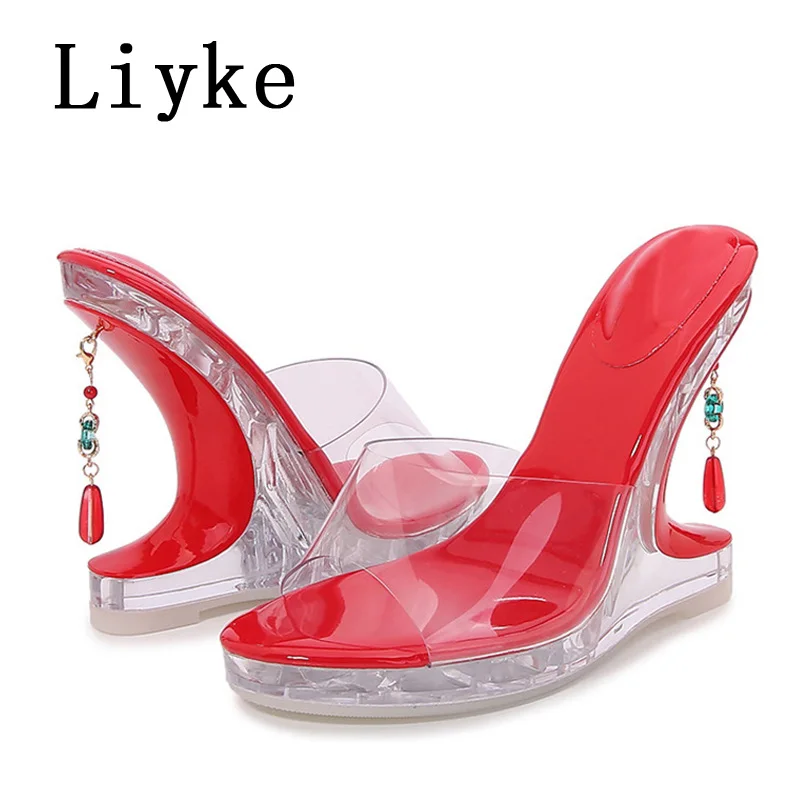 

Liyke Fashion Gem Pendant Design Strange Wedge Heels Platform Slippers PVC Transparent Sandal Women Summer Open Toe Shoes Silver