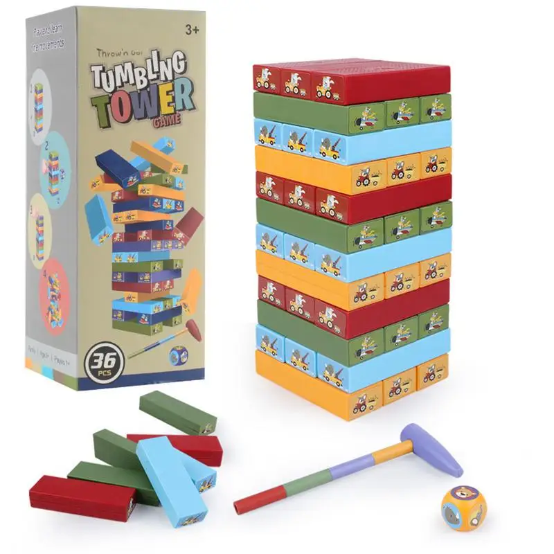 

New Wooden Cartoon Building Block Brain Game Tower Non-toxic DIY Stacking Game Interaction Educational Toy For Children