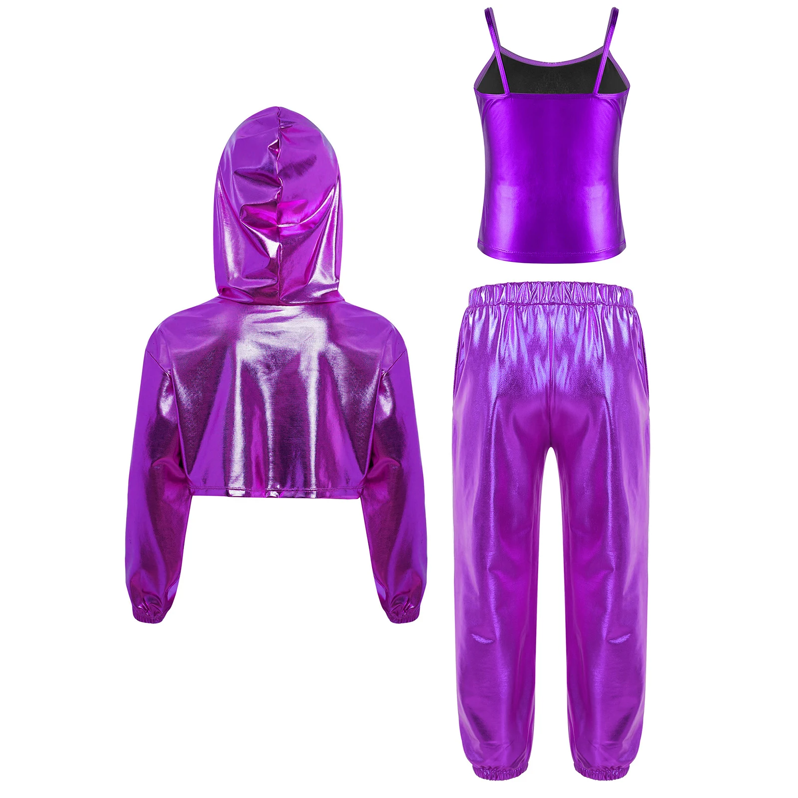 Hip-Hop-Jazz-Tanzkostüm für Kinder und Mädchen, langärmliger, metallisch glänzender, verkürzter Kapuzenpullover mit Spaghettiträgern, Camisole und glänzenden Hosen – Detail 19