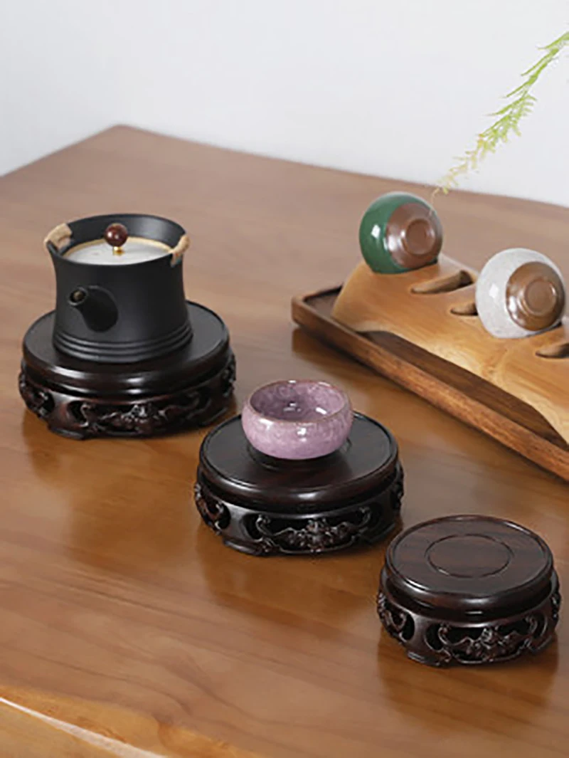 Ebony Carved Bat Pattern Base Craftwork Solid Wood Base Flower Vases Stone Jade Teapot Aquarium Base