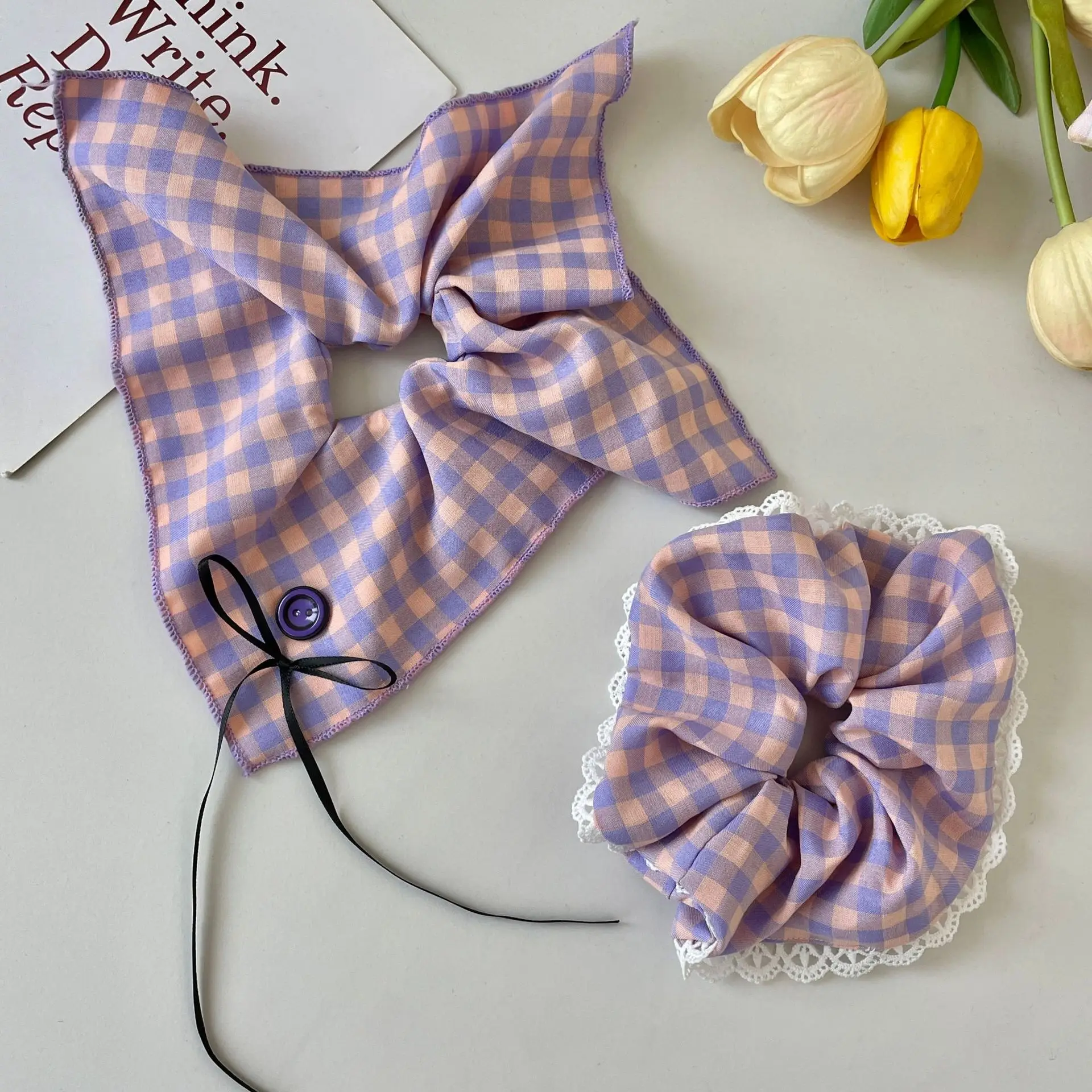 Scrunchies Koreanischer Stil Taschentuch Haarband Karierte Spitze Dickdarm Haarband Fliege Band Haarseil Haarschmuck – Detail 7