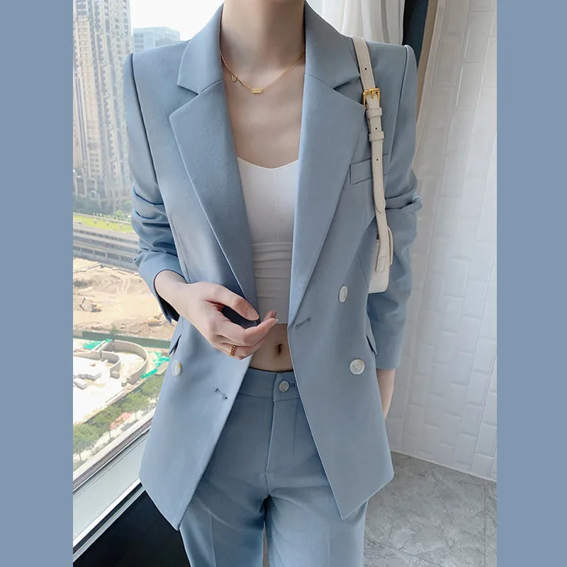 Sky Blue Women's Business and Professional Clothing Office Commuter Slim Fit Wedding Party Dress (Jacket+Pants)