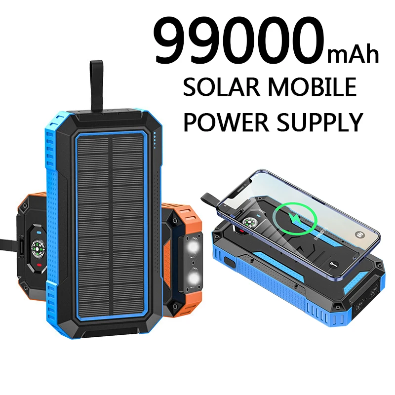 

Solar panel Power bank Wireless charging mobile power supply 98000mAh with Camping Lamp Mobile Phone Charger USB Ports Battery