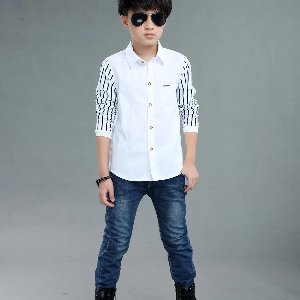 Boys Long Sleeve Shirts Stripped Patchwork Long Sleeve Fastener Gentleman Cardigan For Boys