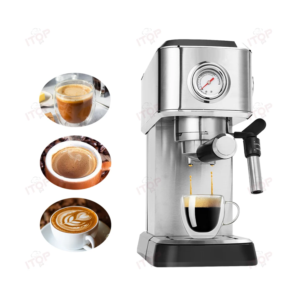 ITOP Espresso Coffee Machine Household Coffee Maker Home Cafe 1.2L Water Tank Power 1350W 15Bar ULKA Pump 51mm Portafilter coffee filter tamper holder accessories 3 holes tamping stand cafe maker base walnut wood 51 58mm portafilter