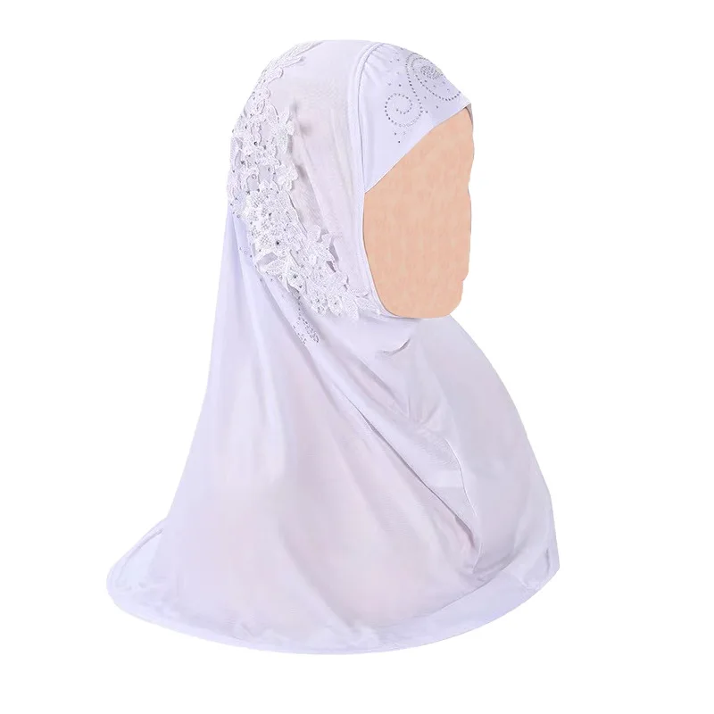 Muslim Pullover Hat Solid Color Sparkling Diamond Lace Flower Middle Eastern Beauty Girl Headband Cover