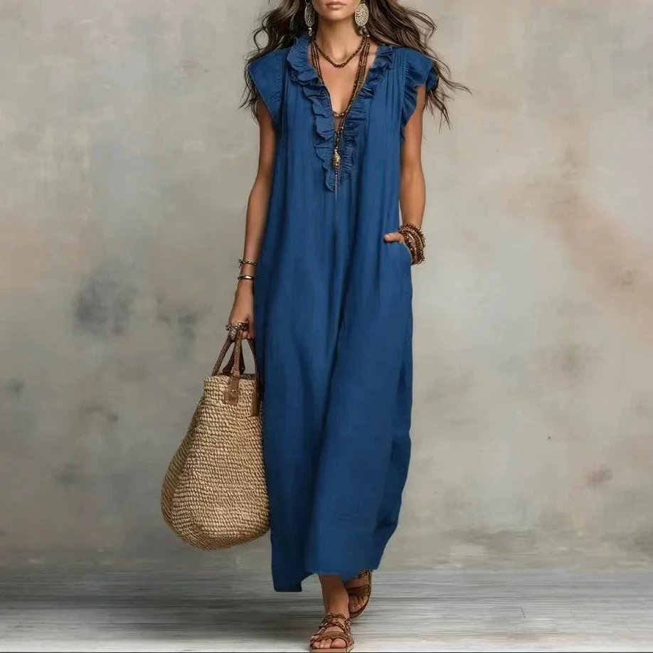 Women Boho Cotton Linen Ruffle V Neck Long Dresse - Image 5