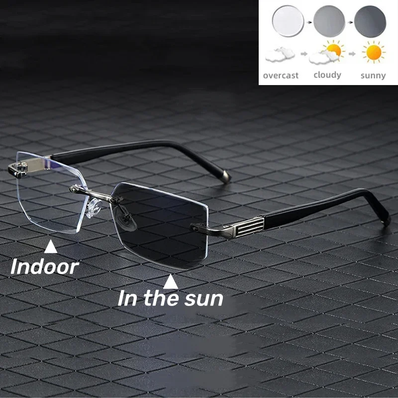 Rimless Cutting Edge Multifocal Photochromic Reading Glasses Color-changing Presbyopia Glasses Blocking Eye Protection Eyewear 3