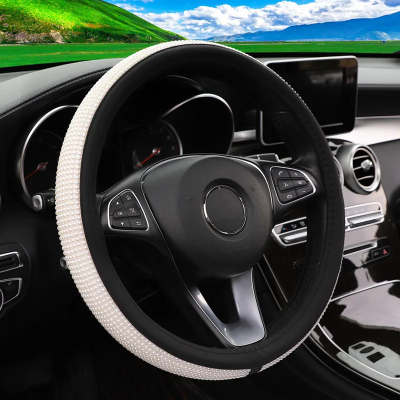 

Car Accessories 38cm Car Steering Wheel Cover imitation Pearl Bead Cool four seasons Anti-skid Handlebar Cover With Leather