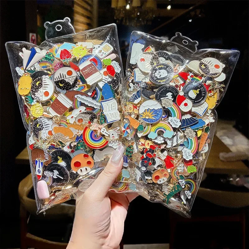 Colorful mixed enamel pins featuring kawaii designs like rainbows, clouds, and animals – perfect for jackets, bags, and gifts