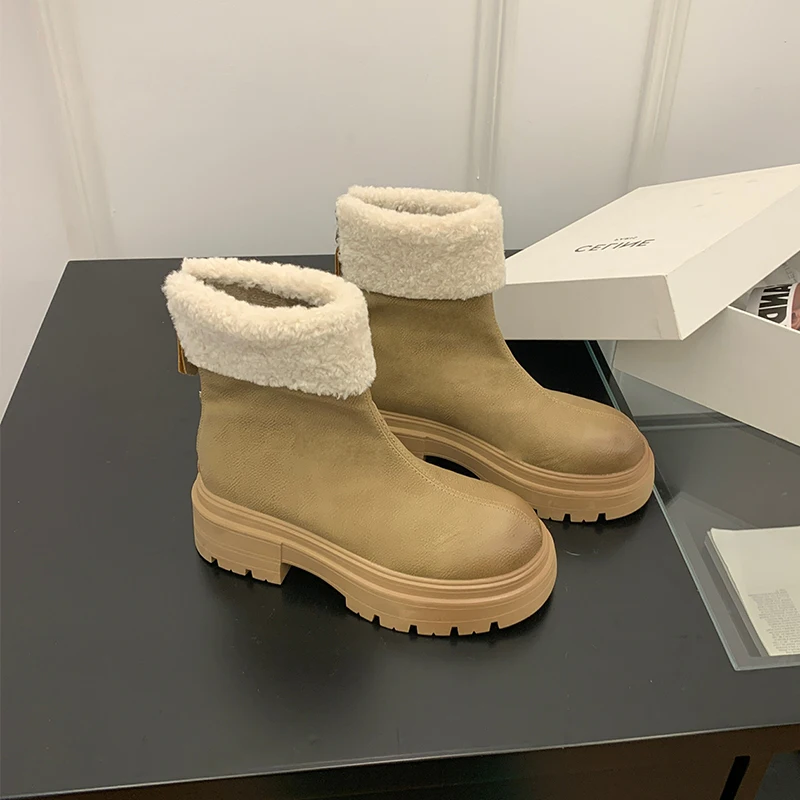 Winter Women Short Plush Warm Snow Boots Casual Shoes 2024 New Suede Fur Chelsea Ankle Boots Flats Platform Ladies Shoes Botas