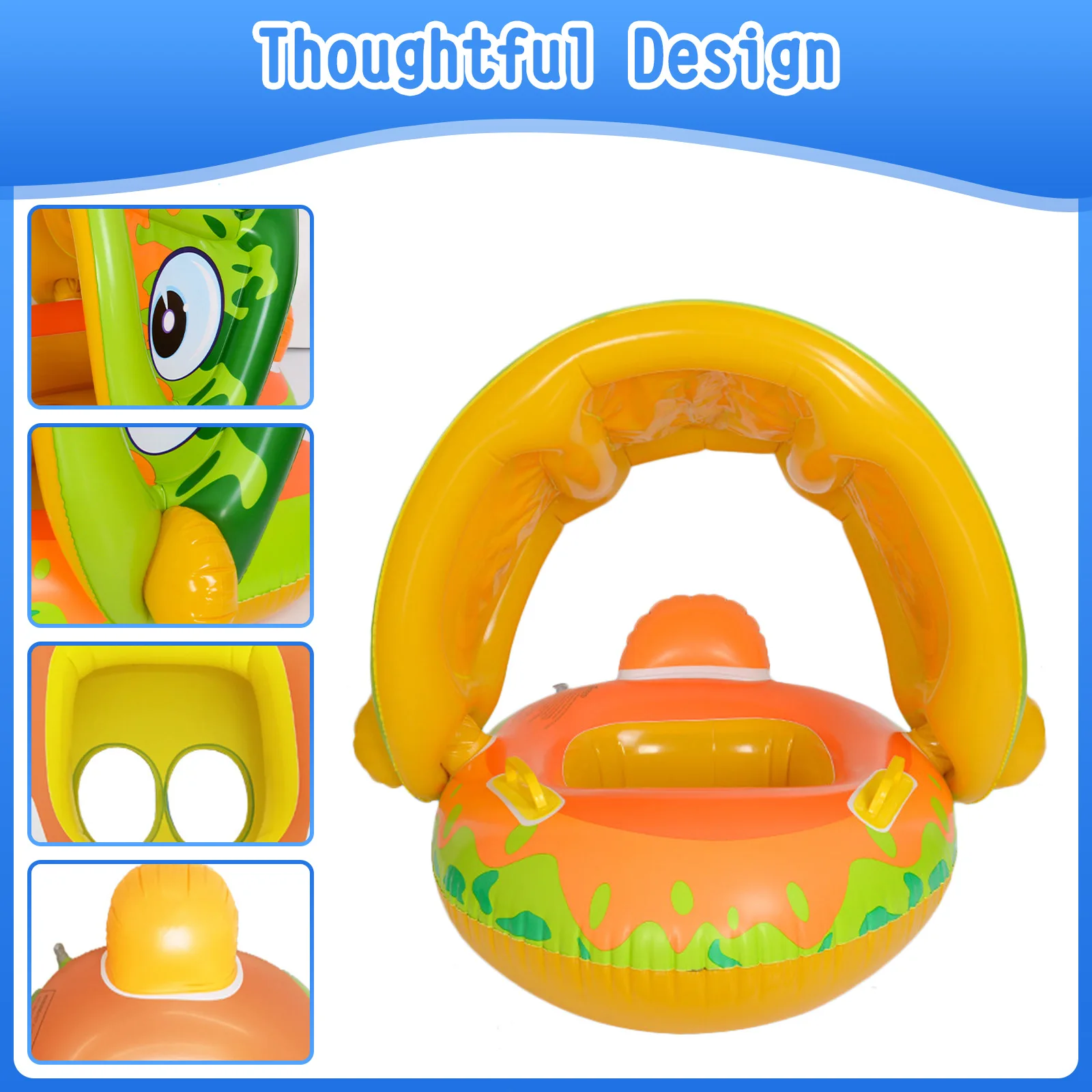 Kids Baby Inflatable Swim Ring Float Seat Cartoon Swimming Seat with Sunshade Awning Fun Pool Toys for Swimming Pool Bathtub