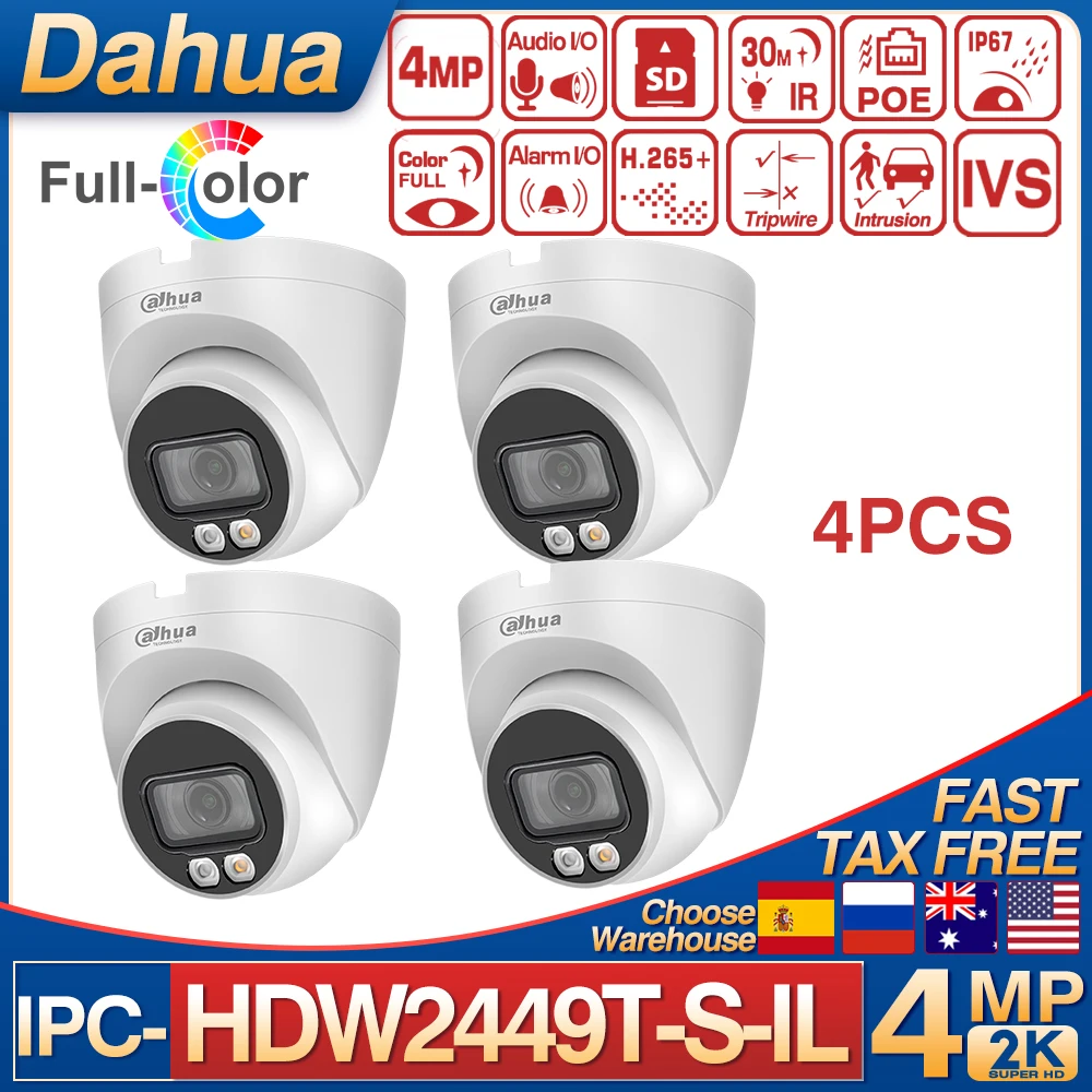 

4PCS Dahua IPC-HDW2449T-S-IL Network Camera 4MP Full Color IR Built in Mic Eyeball Smart Motion Detection Built-in MIC WizSense