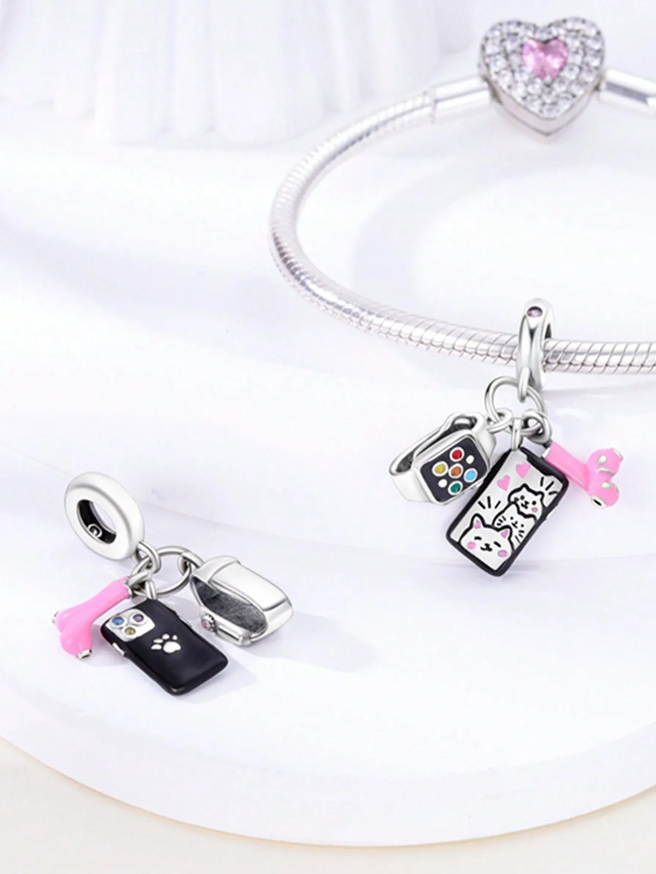 Silver Plated Music Cat Earphones Charm