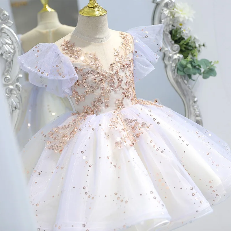 

Baby Girls Formal Dress for Summer Flower Lace Wedding Party Kids Prom Gowns Fashion Sequined Tulle Princess Children's Dresses