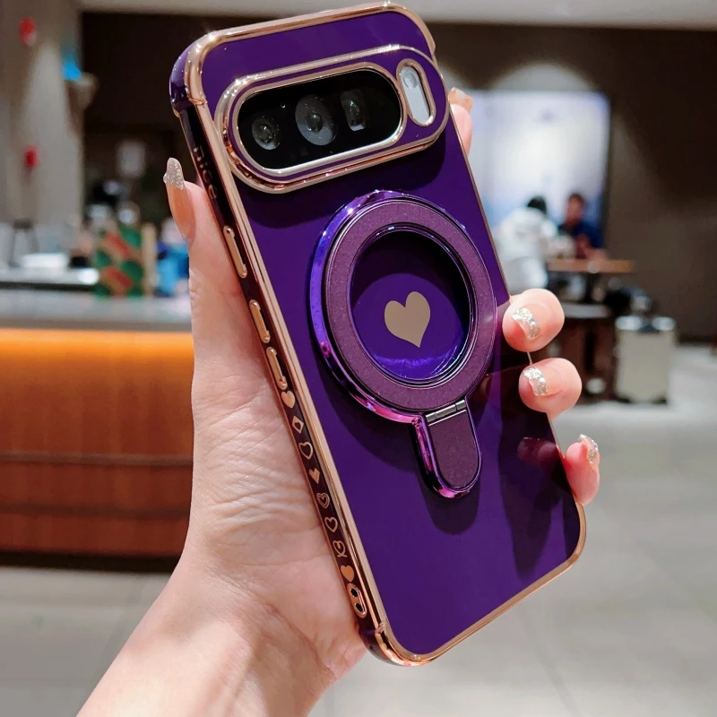 Enhanced Love Heart Bracket Phone Case with Plating Finish and Magsafe Compatibility