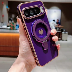 Enhanced Love Heart Bracket Phone Case with Plating Finish and Magsafe Compatibility - Google Pixel 9 (Dark Purple)