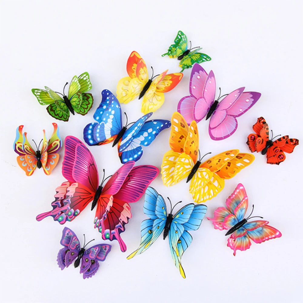 12Pcs Double Layer Butterfly Decal Art Wall Sticker Room Multicolor 3D Butterflies Home Decor DIY Magnet Fridge Wallpaper Decor