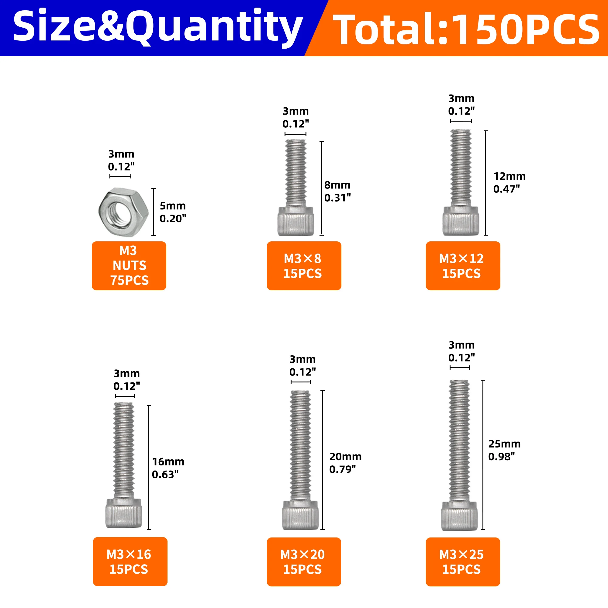 Hex Head Screw And Nut Set M3 Stainless Steel Screw Series For Small DIY Repair Projects 150PCS screw bolt nut set,stainless steel screws,hexagon socket head cap screw,hex nuts assortment kit