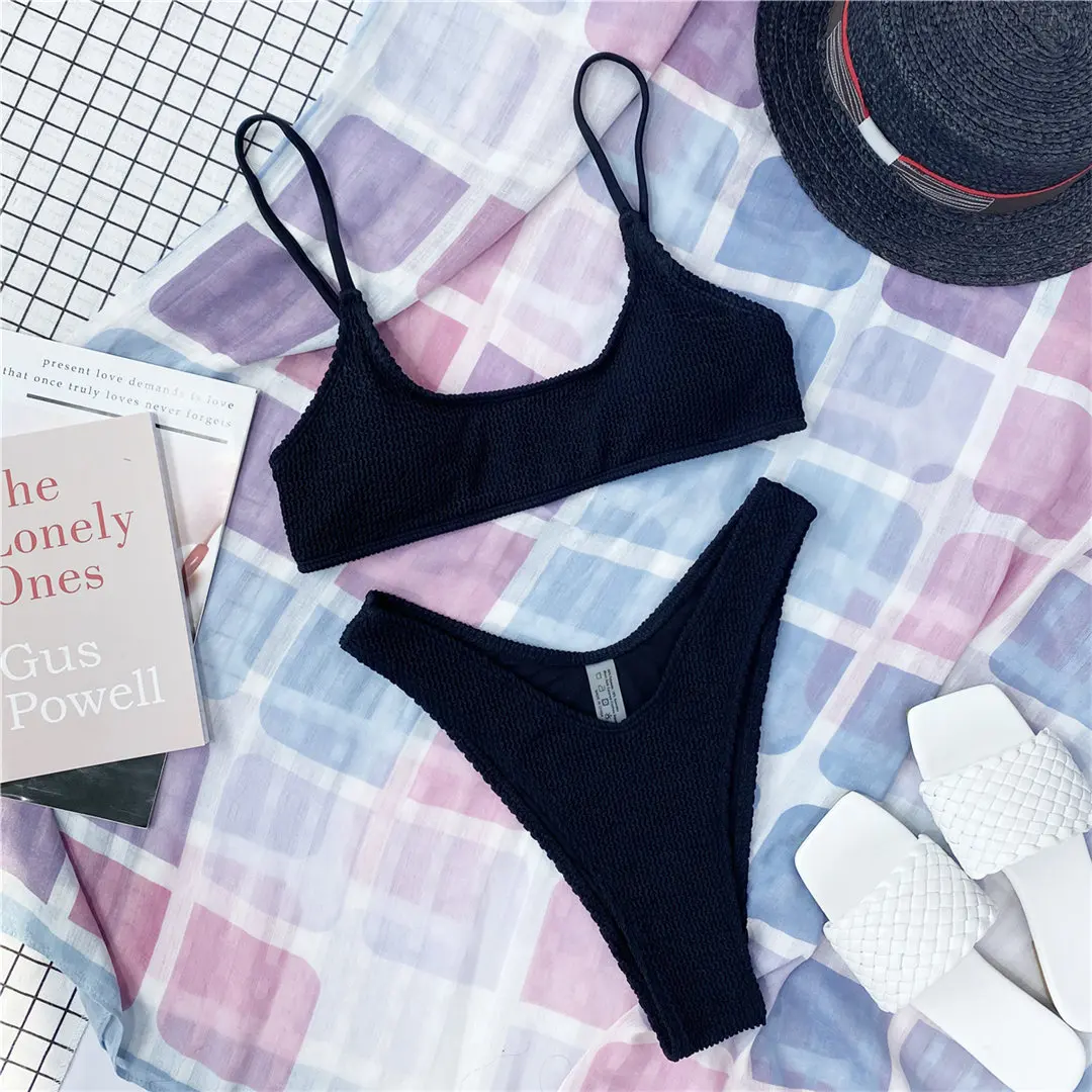 New Sexy Wrinkled Crinkled Bikini Female Swimsuit Women Swimwear Two-pieces Bikini set Mid Waist Bather Bathing Suit Swim V3032P