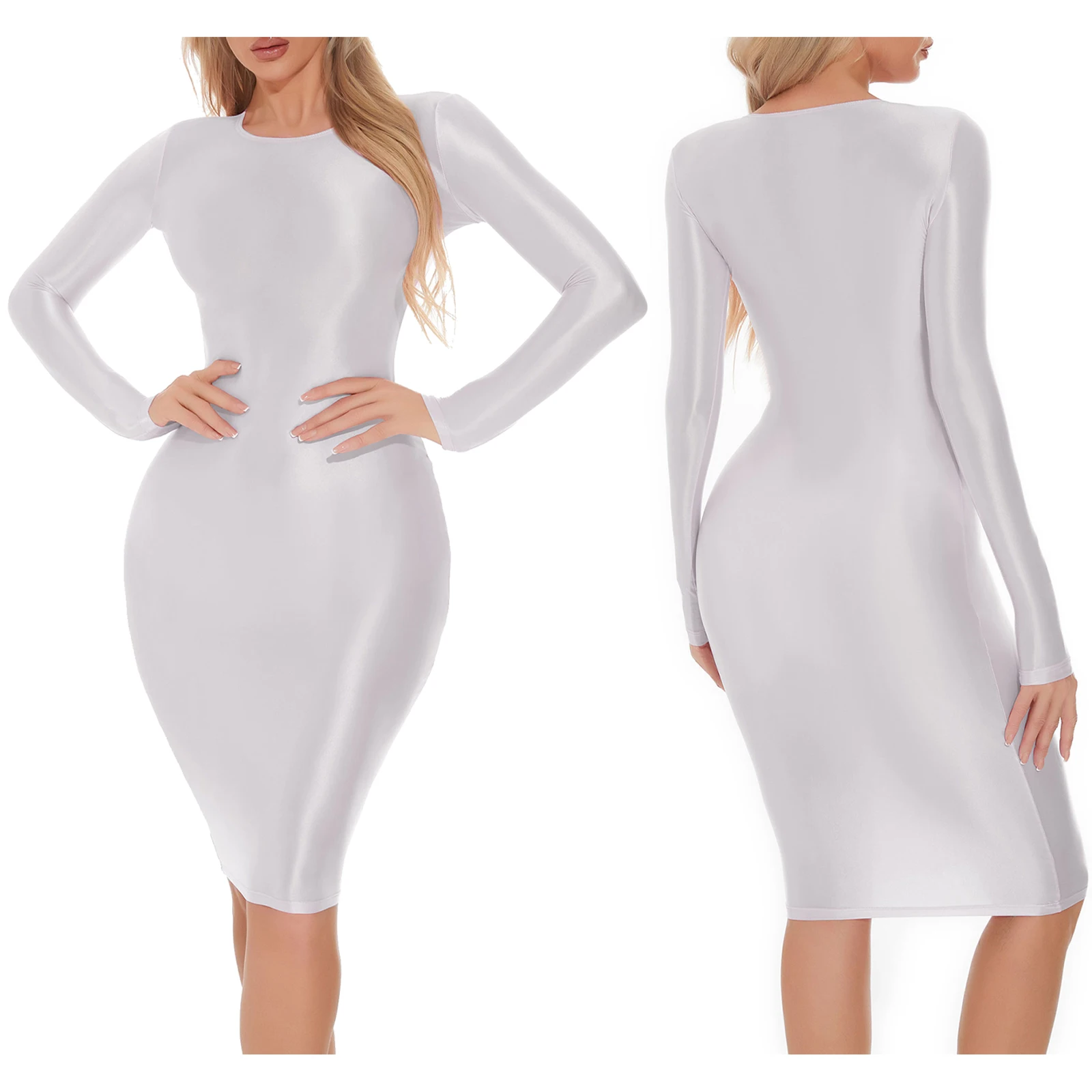 thumbnail image 1 of Vestido ceñido al cuerpo brillante al óleo para mujer, vestido de manga larga con cuello redondo, ropa de dormir Sexy, ropa de fiesta Rave para discoteca, ropa femenina, 1 of 5