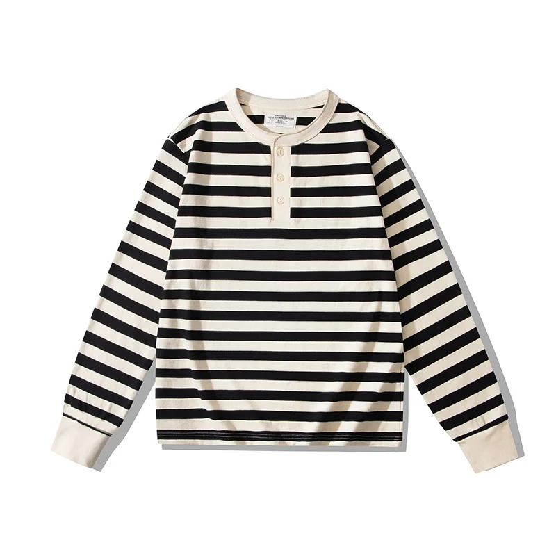 OKONKWO 230g Heavy Weight Long Sleeve Striped Henry Collar T-shirt Deck Shirt TEE Outdoor Trekking Travel Fitness Sports Clothes sport t shirt,long sleeve t shirt