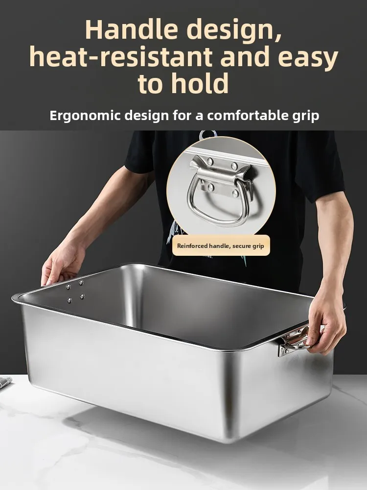 Stainl Steel 304 Deepened Square Box Rectangular Storage Pot with Handle Commercial Fast Food Basin Chinese Sle Kitchenware