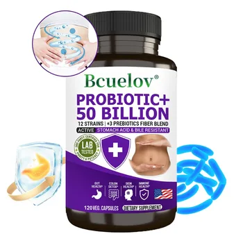 Probiotics 50 Billion CFU, 12 Freeze-Dried Strains & Prebiotic Supplement, Supports Healthy Gut Flora, 120 Capsules