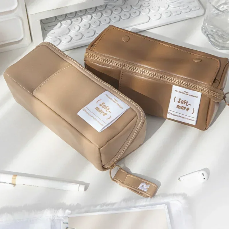 1 Piece Coffee Color Series Pencil Case Simplicity Fashion High Capacity Stationery Pencil Bag Waterproof PU Leather Bag