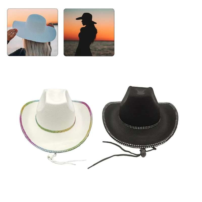 

B36D Cowgirl Hat Bejeweled Cowboy Hat for Music Festivals Wide Brim Encrusted Rhinestones Versatile Knight Hat