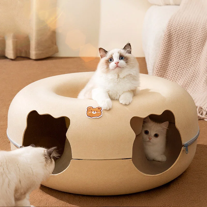 

Cat Tunnel Bed 2 Holes Cats Hiding House All Seasons Felt Zipper Kitten Nest Basket Detachable Round Pet Play Tunnels Tube Toys