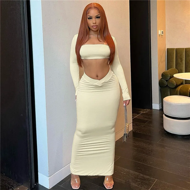 

Woman 2pcs dress set Solid Color Long Sleeve Back Hollow out Crop T-shirt+Midi Skirt 2Color S-L