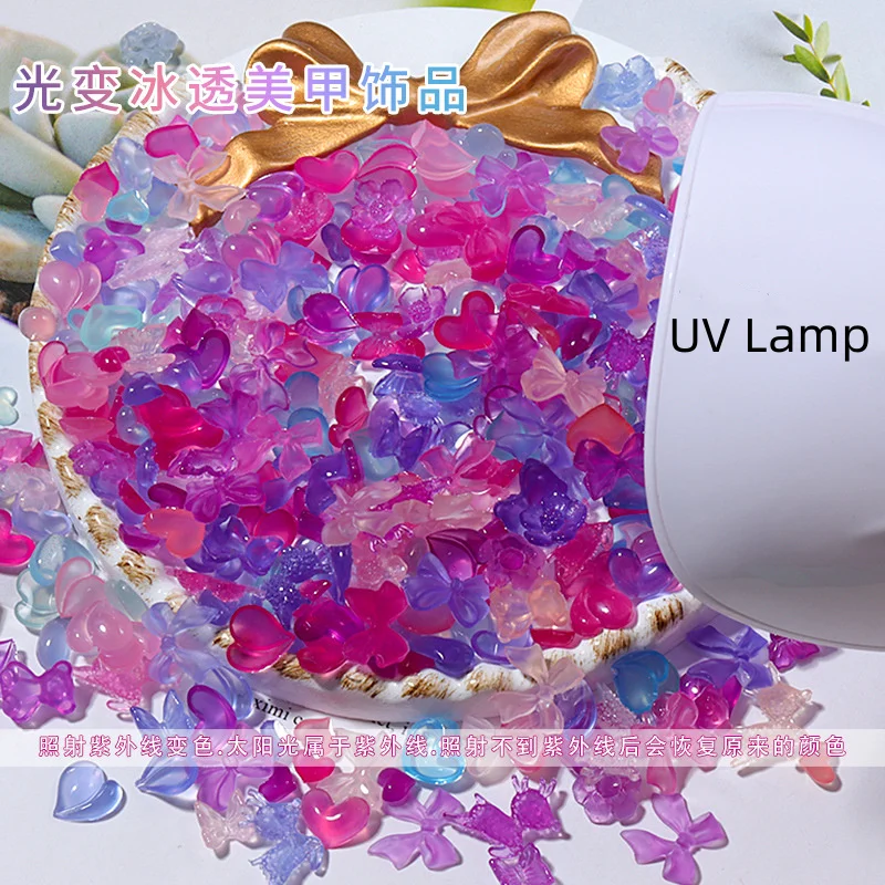 

50pcs UV Change Series Resin Rhinestones Nail Art Charms 3D Kawaii Heart/Bow/Butterfly Nail Decoration Cute Accessories DIY Nail