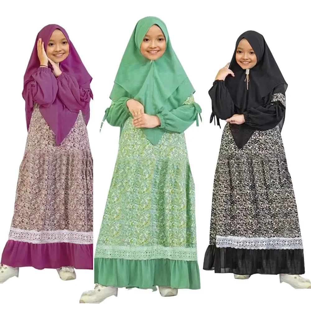 

Мусульманское детское платье с принтом Abaya Eid Ramanda, демисезонное платье с длинным рукавом и хиджаб, одежда из 2 предметов, костюмы, детское платье
