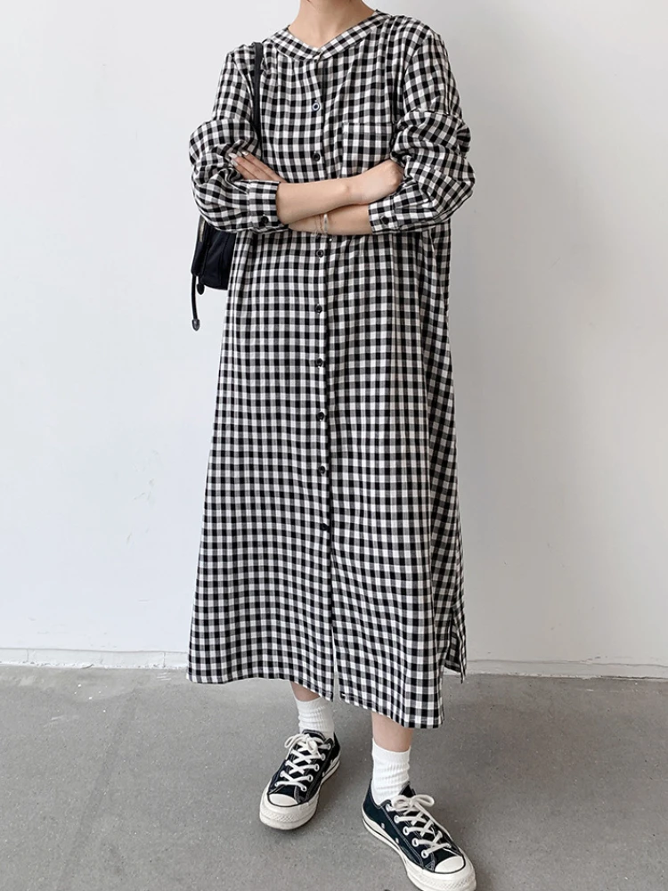 

Summer New In Dresses for Women 2023 O-neck Long Sleeve Plaid Shirt Long Dresses Women Clothing Streetwear Robe Formal Dresses