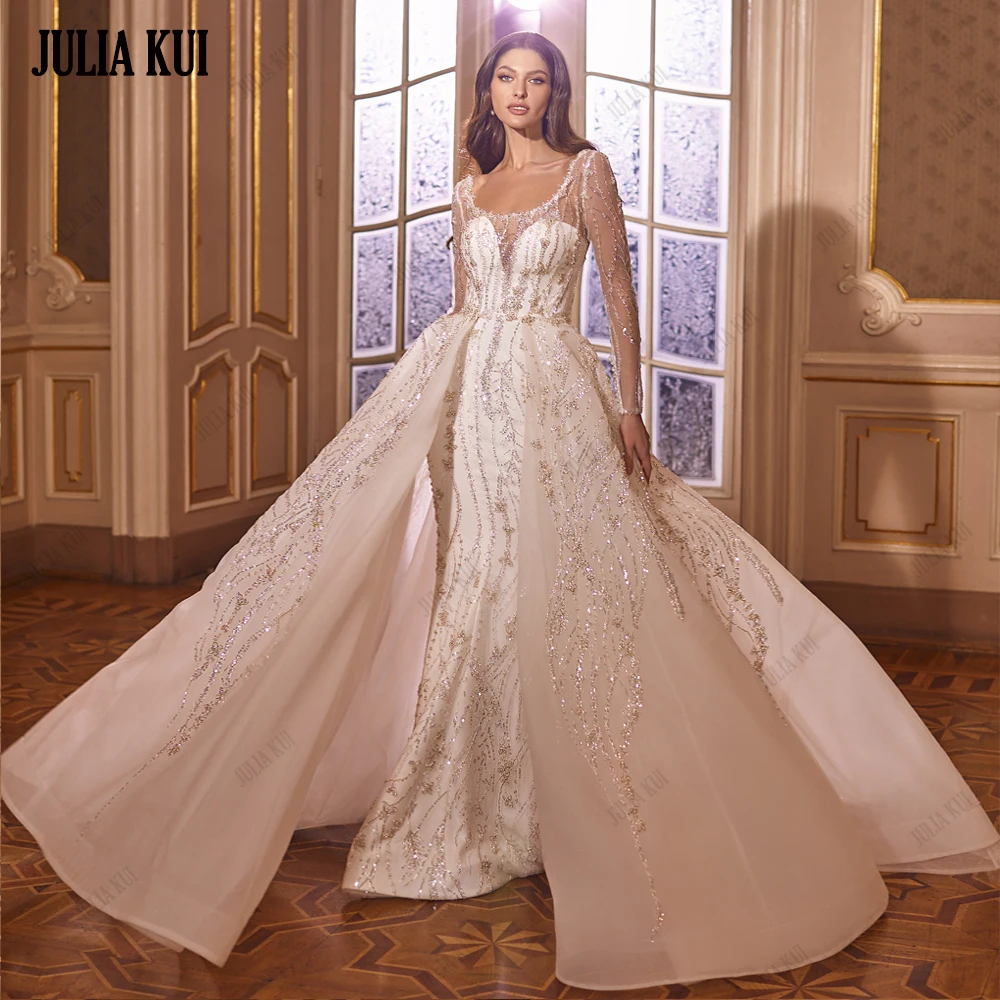 

Julia Kui Exquisite 2 In 1 Mermaid Wedding Dress Beading Pearls Embroidery Lace With Full Sleeves Scoop Trumpet Bridal Gowns