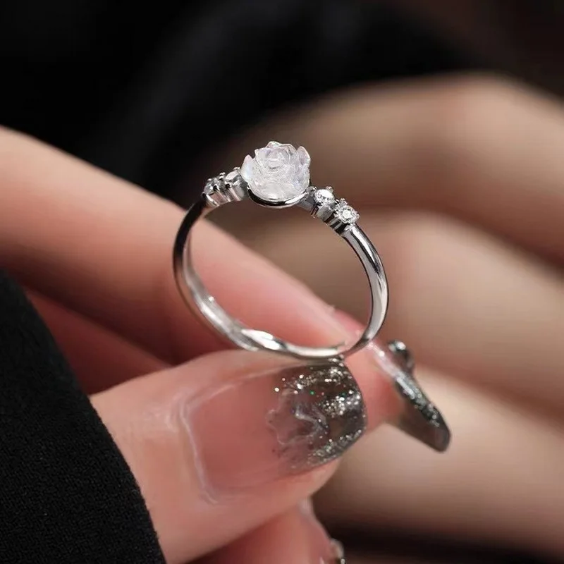 Vintage Rose Flower Rings For Women Shiny Crystal Zircon Adjustable Princess Finger Ring Bride Wedding Engagement Party Jewelry