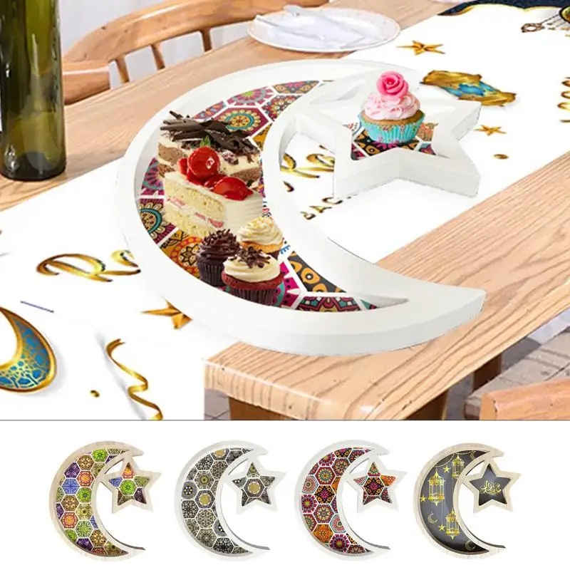 

Деревянный поднос в виде Луны и звезды, модель украшения для дома в мусульманском стиле, аксессуары для подарков, держатель для еды