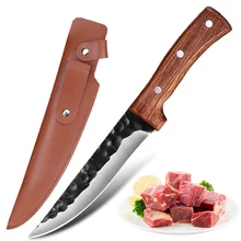Couteau de chasse forgé de 6.5 pouces en acier inoxydable, couteau de boucher à désosser, couperet à viande, de pêche, de Camping, de Chef professionnel, fourreau