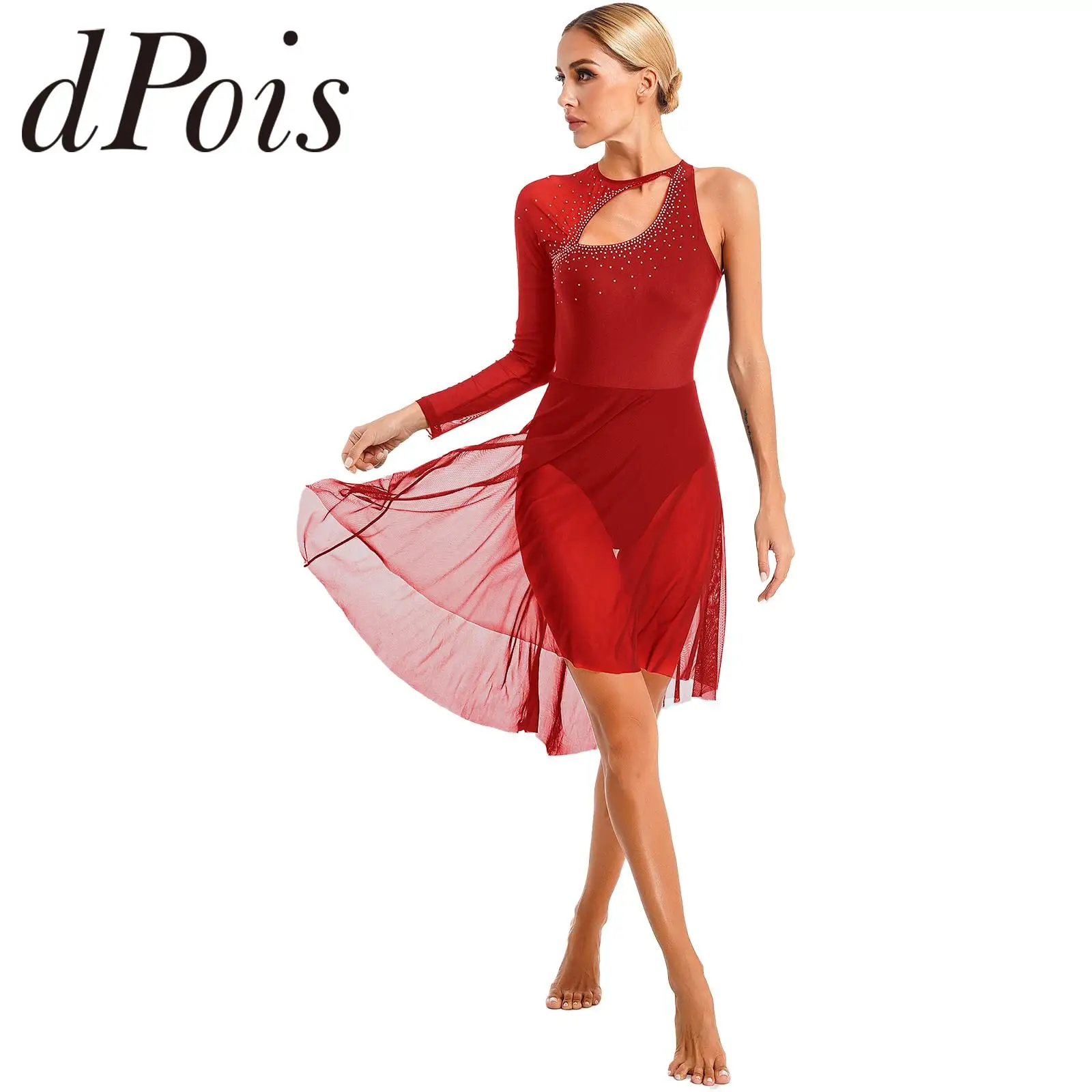 FigureSkatingDressWomensLongSleeveLyricalDanceDressStageDancewearSheerMesh