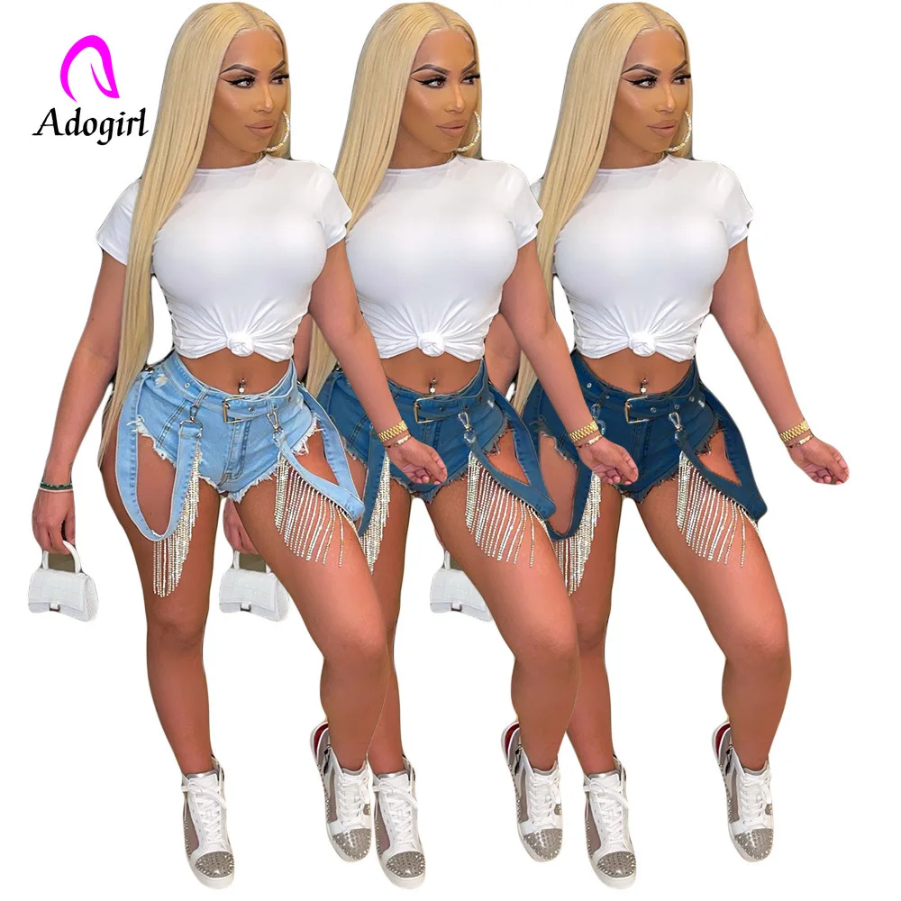 

Crystal Tassel Women Mini Shorts Distressed Denim Zipper Fly Hot Pant 2022 Summer High Street Workout Short Jeans Skinny Trouser