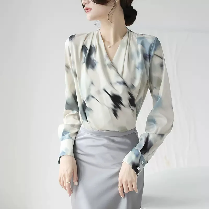 

Ink Painting French Style Women's Shirt New Gentle Printing Oblique V-neck Western Satin Blouse Shirts for Women