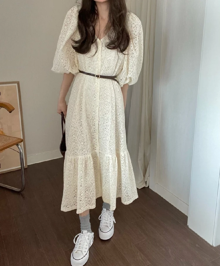 

SuperAen 2024 корейский шик весна/лето новый продукт темперамент кружева длинное платье с поясом