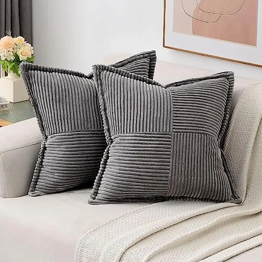 Dark Grey Throw Pillow Covers 20x20 Inch Set of 2,Soft Solid Corduroy Striped/Wide Bordered,Square Decorative Cushion Case,Moder